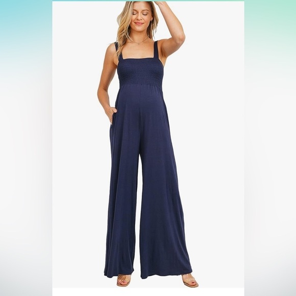 Hello MIZ Pants - Hello MIZ Navy Smocked Square-Neck Wide-Leg Jumpsuit